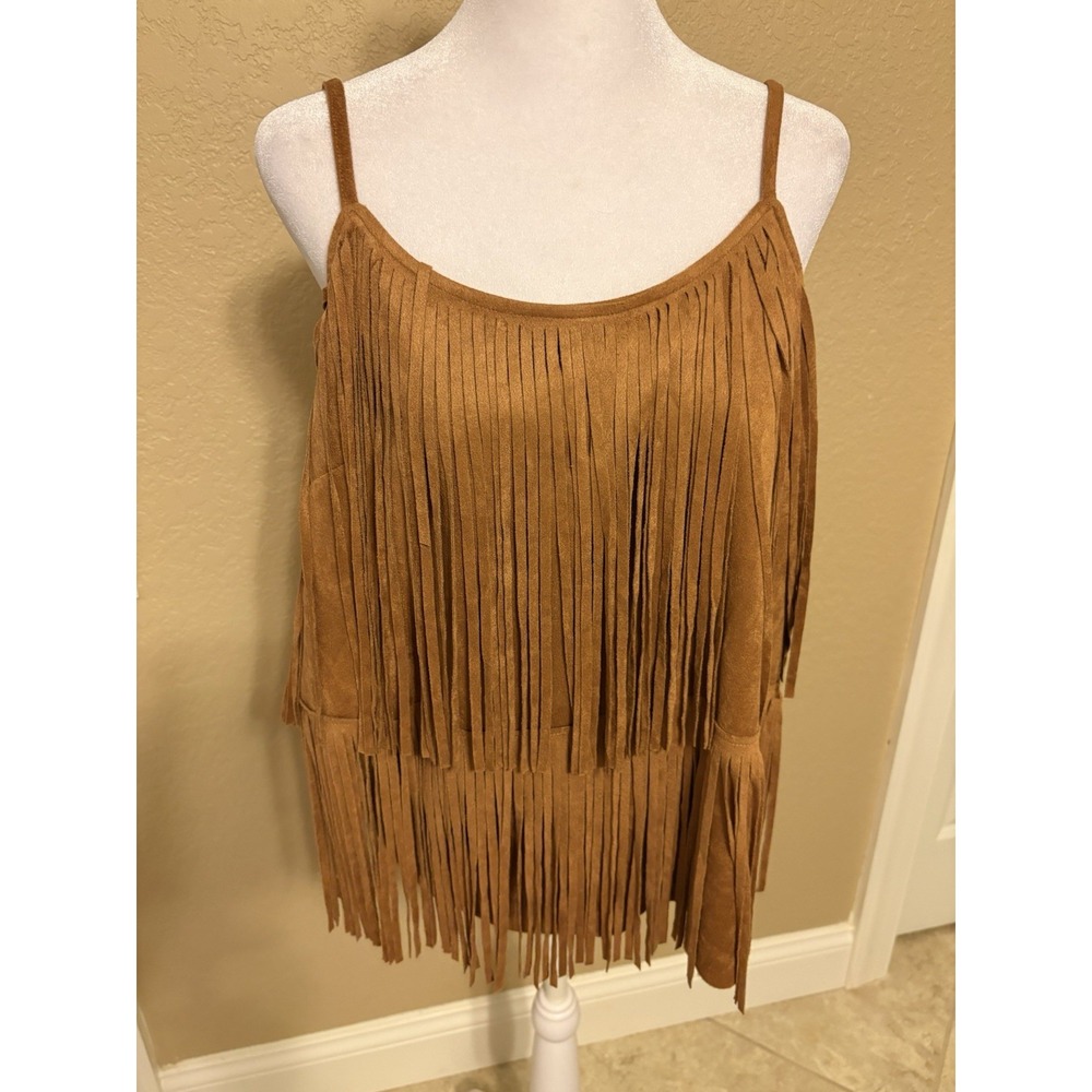 Vocal Women's Camel Suede Fringe Camisole Top, Large. Boho Festival